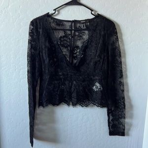 Black Lace V-Neck Back Button-Up Top